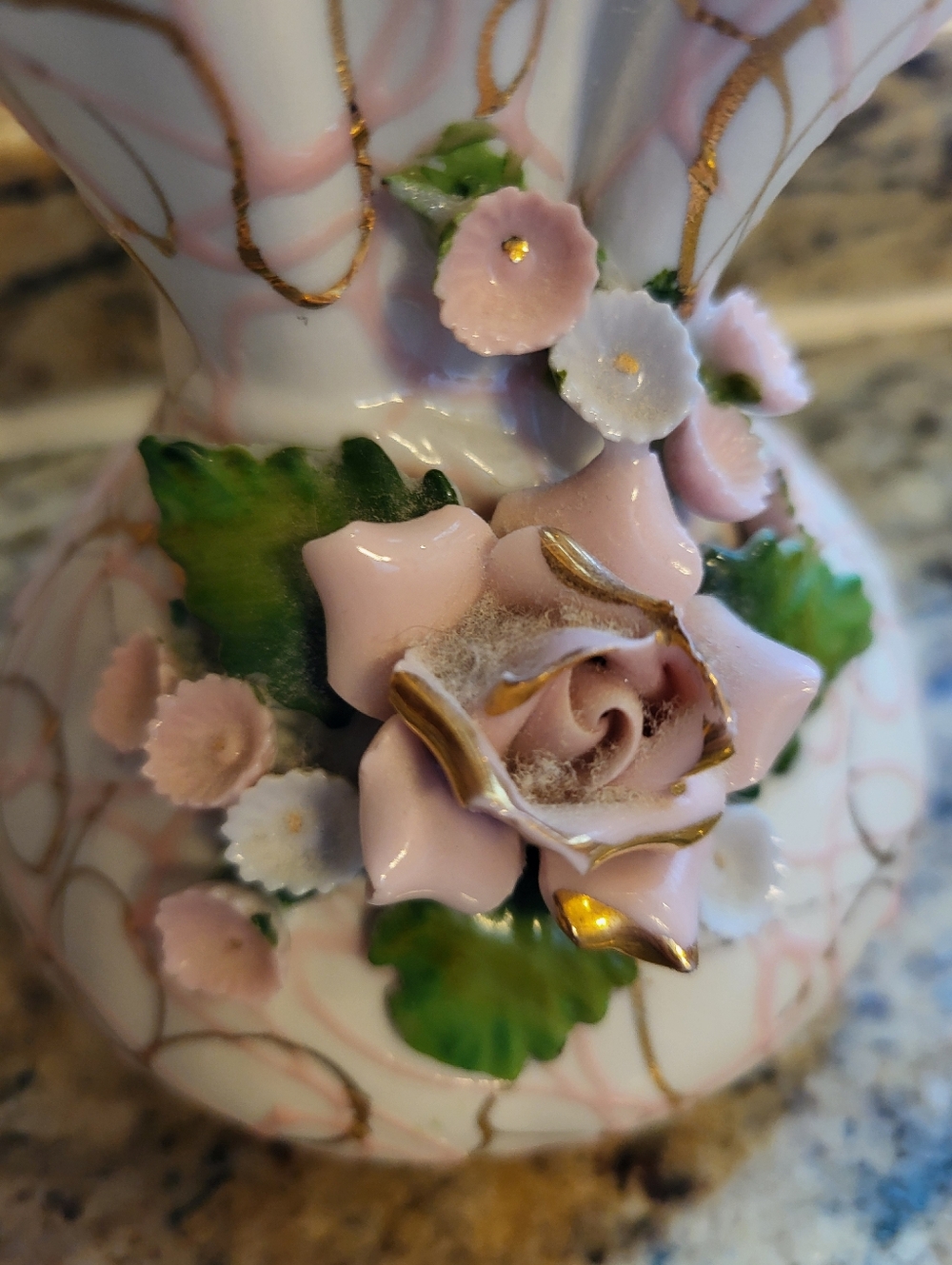Lefton Porcelain Heavily Crimped  Pink Floral Accent Vase with Gold Trim - Picture 14 of 16
